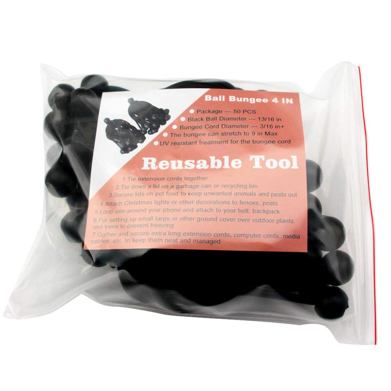  [AUSTRALIA] - Joneaz Ball Bungee 4 Inch Black Tie Down Cord 0.8 Inch Ball, 50-Piece, UV Resistant