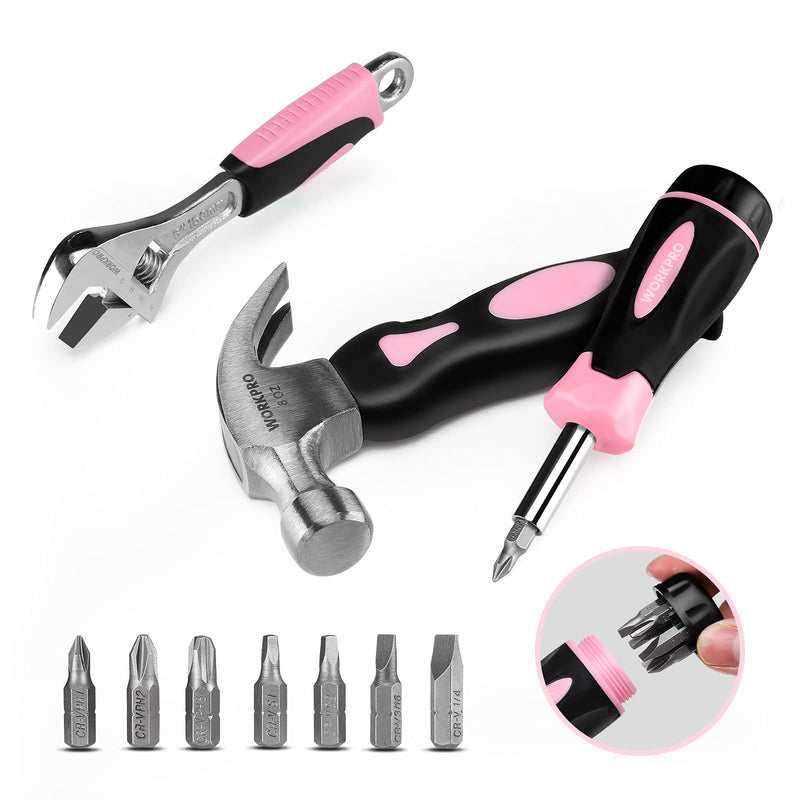  [AUSTRALIA] - WORKPRO 10-piece Pink Tool Kit, Household Tools Set with Screwdriver Bits Holder Set, Adjustable Wrench and Stubby Claw Hammer-Pink Ribbon