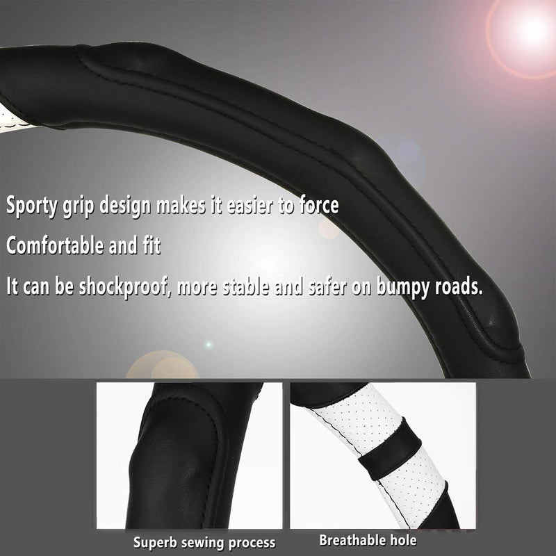  [AUSTRALIA] - Achiou Universal Car Steering Wheel Cover 15 inch with Grip Contours, Leather Auto for Men and Women Non-Slip, No Smell Suitable for Every Season (Black and White) Black + White