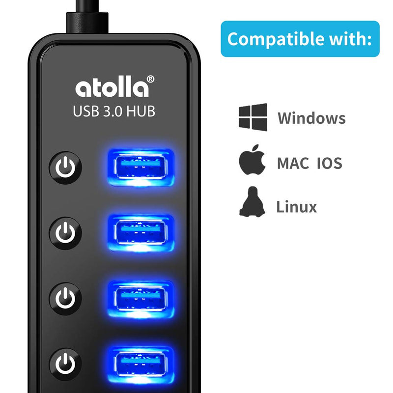  [AUSTRALIA] - Powered USB Hub 3.0, Atolla 7-Port USB Data Hub Splitter with One Smart Charging Port and Individual On/Off Switches and 5V/4A Power Adapter USB Extension for MacBook, Mac Pro/Mini and More.