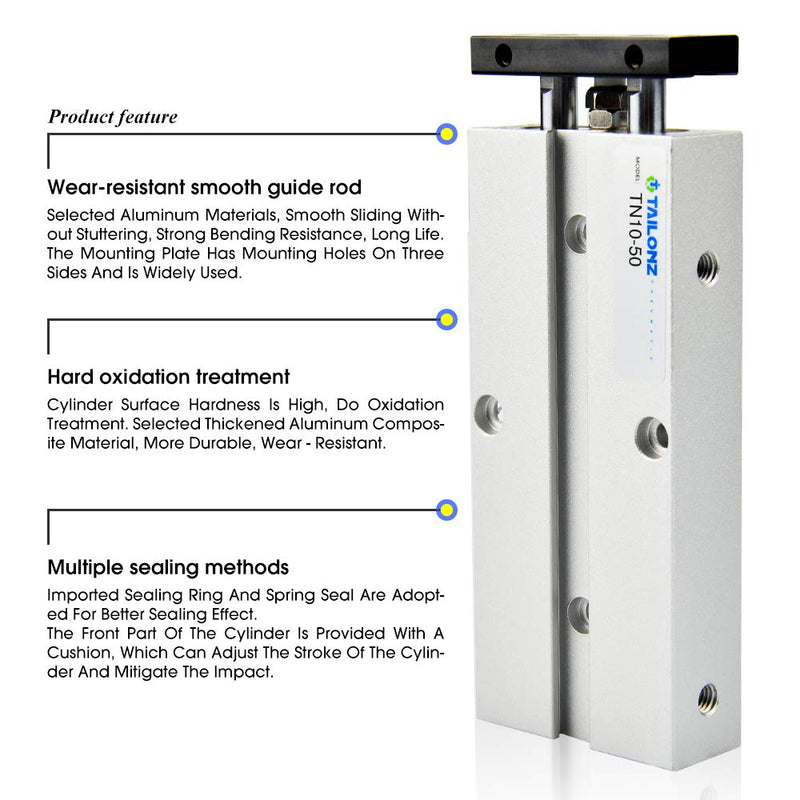 Tailonz Pneumatic 10mm Bore 50mm Stroke Double-Rod Double-Acting Aluminum Pneumatic Air Cylinder TN10-50 Bore:10mm Stroke:50MM - LeoForward Australia