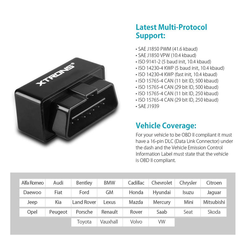 XTRONS Wireless Bluetooth OBD2 Android OBDII Car Auto Diagnostic Scanner Tool Torque Special for All Xtrons Android Car Stereo (TSD100L TQ109P TBX104) Supports Ford Cadillac Lexus VW Porsche BMW OBD02 - LeoForward Australia