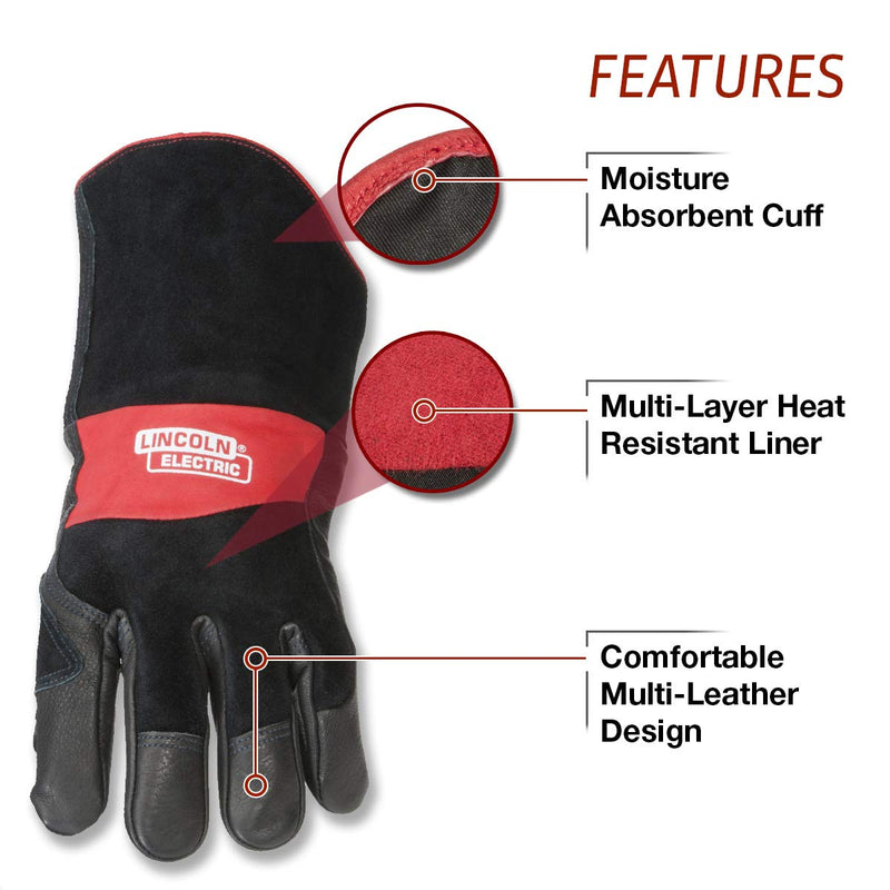  [AUSTRALIA] - Lincoln Electric Premium Leather MIG Stick Welding Gloves | Heat Resistance & Dexterity| Medium | K2980-M,black, Red