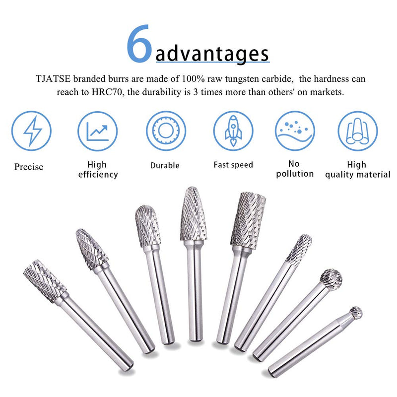 TJATSE Professional 8-Piece Double Cut Carbide Rotary Burr Set 1/4" Shank with Tool Carry Case, for Die Grinder Drill, Metal Wood Carving, Engraving, Polishing, Drilling - LeoForward Australia