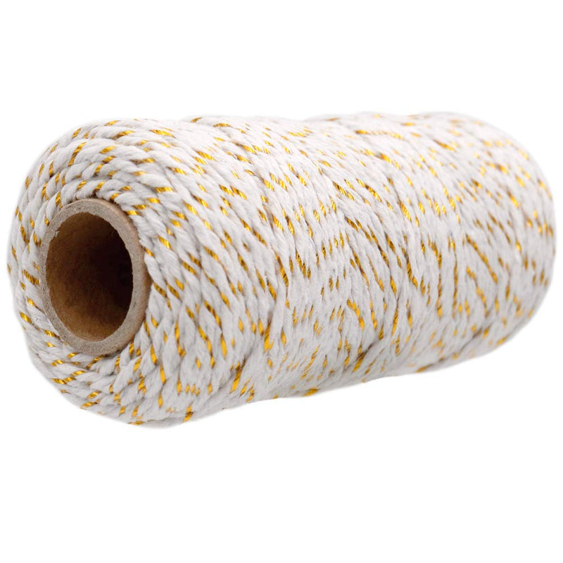  [AUSTRALIA] - Gold and White Twine,100M/328 Feet 2 mm Cotton Baker's Twine,Christmas String,Heavy Duty Packing String for DIY Crafts and Gift Wrapping 1 Pcs White & Gold