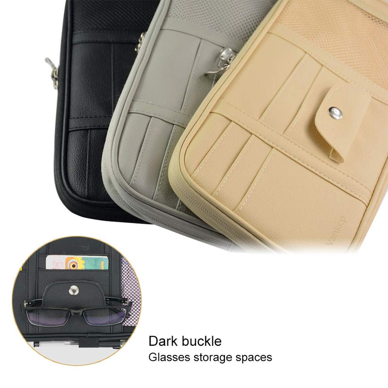 [AUSTRALIA] - Car Sun Visor Organizer, Vankcp Auto Interior Accessories Sunglass Pen CD Card Small Document Storage Pouch Holder, PU Leather, Multi-Pocket with Zipper Net (Black) Black