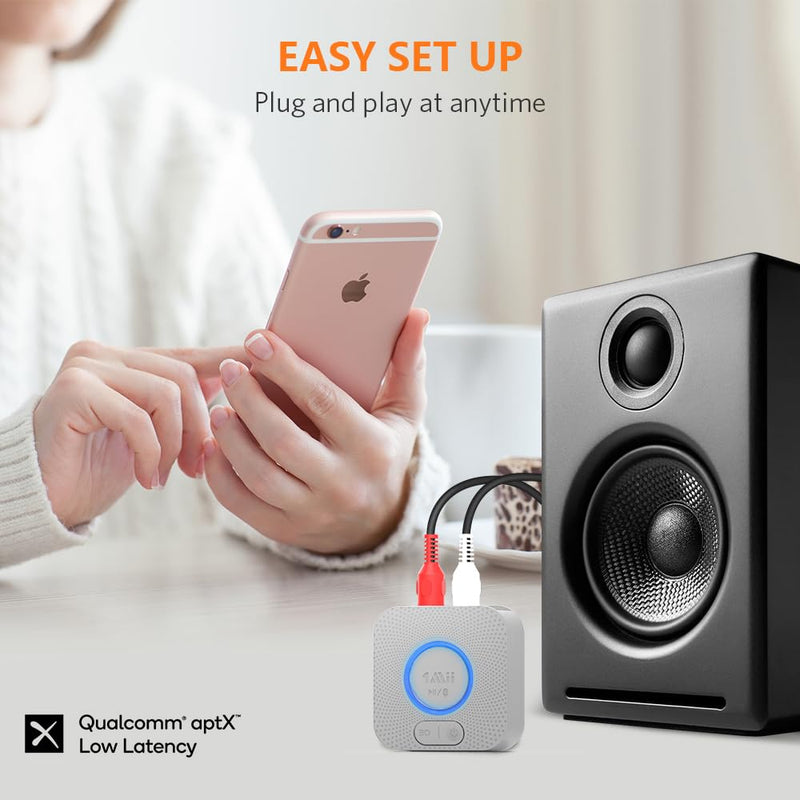  [AUSTRALIA] - 1Mii Bluetooth 5.0 Receiver, HiFi Bluetooth Audio Adapter, 12hrs Playtime Bluetooth Receiver with 3D Surround aptX Low Latency for Home/Car Stereo/Speakers Grey