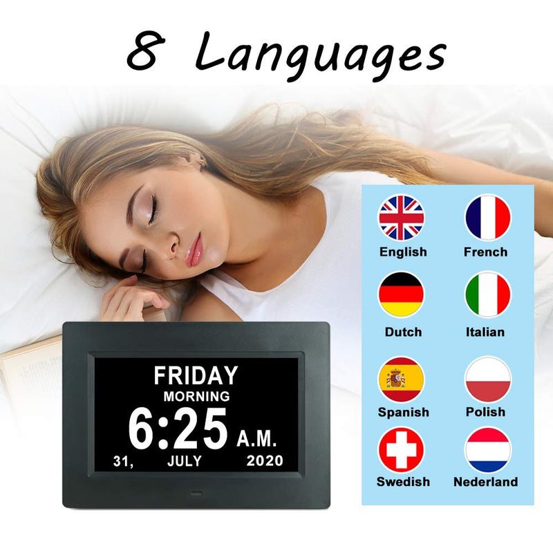  [AUSTRALIA] - 7 INCH Day Date Dementia Clock Auto-Dimming 12 Alarm Reminders Extra Large Non-Abbreviated Day & Month 12/24 Hours Display Digital Calendar Clocks for Seniors Elderly Vision Impaired Memory Loss 7 Inch Black