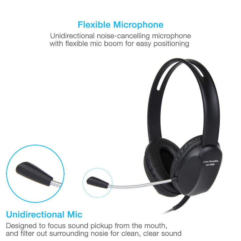  [AUSTRALIA] - Cyber Acoustics 3.5mm Stereo Headset with Headphones and Noise Cancelling Microphone for Pcs, Tablets, and Cell Phones in The Office, Classroom or Home (AC-4000) 1 Unit
