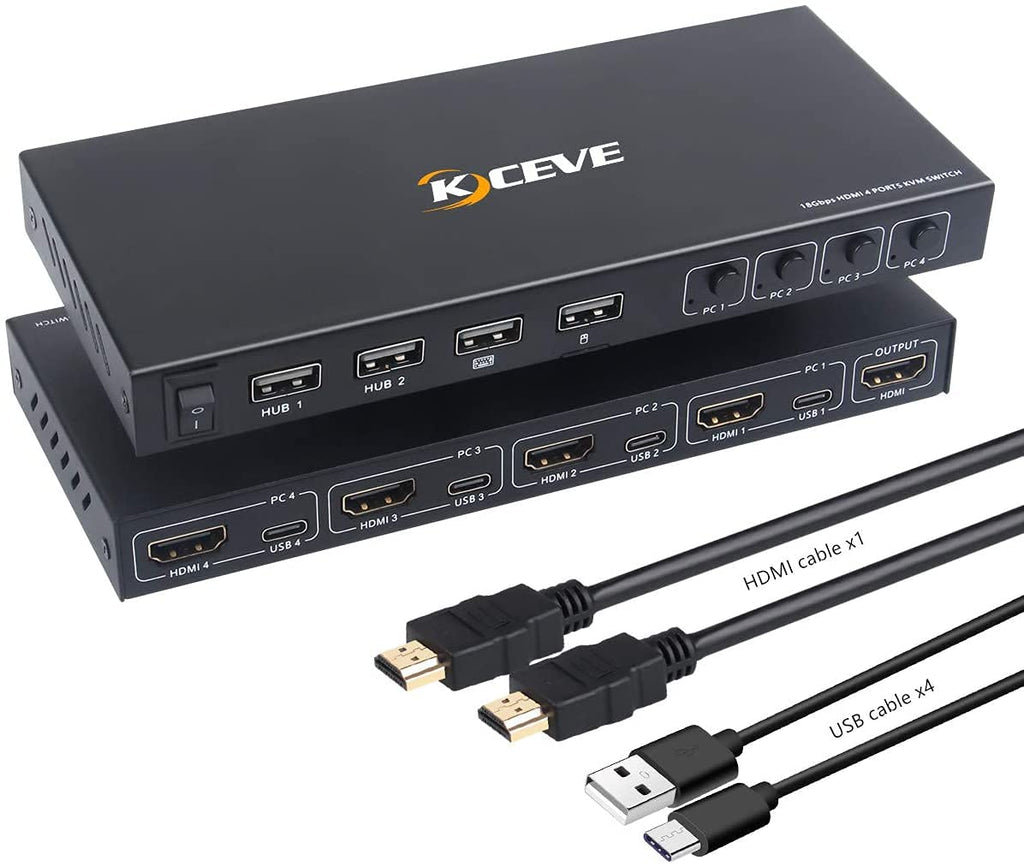  [AUSTRALIA] - KCEVE HDMI KVM Switch Box, 4 in 1 Out UHD 4K@60Hz, USB Switch Selector with 4 USB2.0 Hub, 4 Computers Share 4 USB Devices and one HD Monitor, Support Wireless Keyboard and Mouse