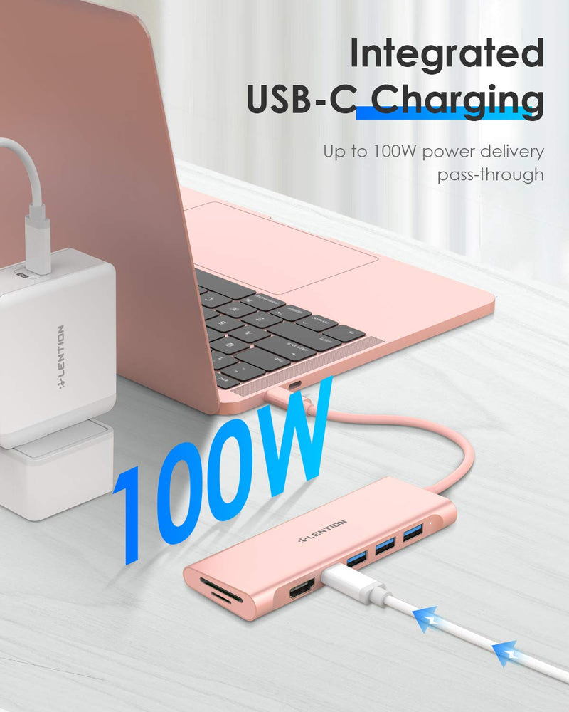  [AUSTRALIA] - LENTION USB C Multiport Hub with 4K HDMI, 3 USB 3.0, SD/Micro SD Card Reader, 100W PD Compatible 2021-2016 MacBook Pro, New Mac Air, Other Type C Devices, Stable Driver Adapter (CB-C36B, Rose Gold)
