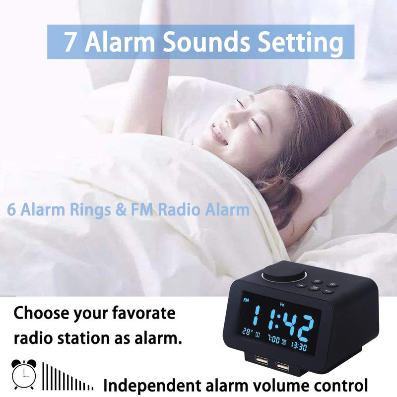  [AUSTRALIA] - 【Upgraded】 Digital Alarm Clock, FM Radio, Dual USB Charging Ports, Temperature Detect, Dual Alarms with 7 Alarm Sounds, Snooze, 6-Level Brightness Dimmer, Batteries Operated, for Bedroom, Sleep Timer