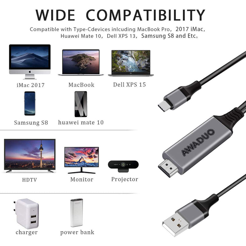  [AUSTRALIA] - USB C to HDMI Adapter with Charging Cable, AWADUO Type c to HDMI Adapter 4K 30Hz Compatible with MacBook 2018 iPad Pro,iMac,ChromeBook Pixel,Galaxy S9 Note9 S10 Surface Book Pro- 6.6FT (6.6FT, Black)