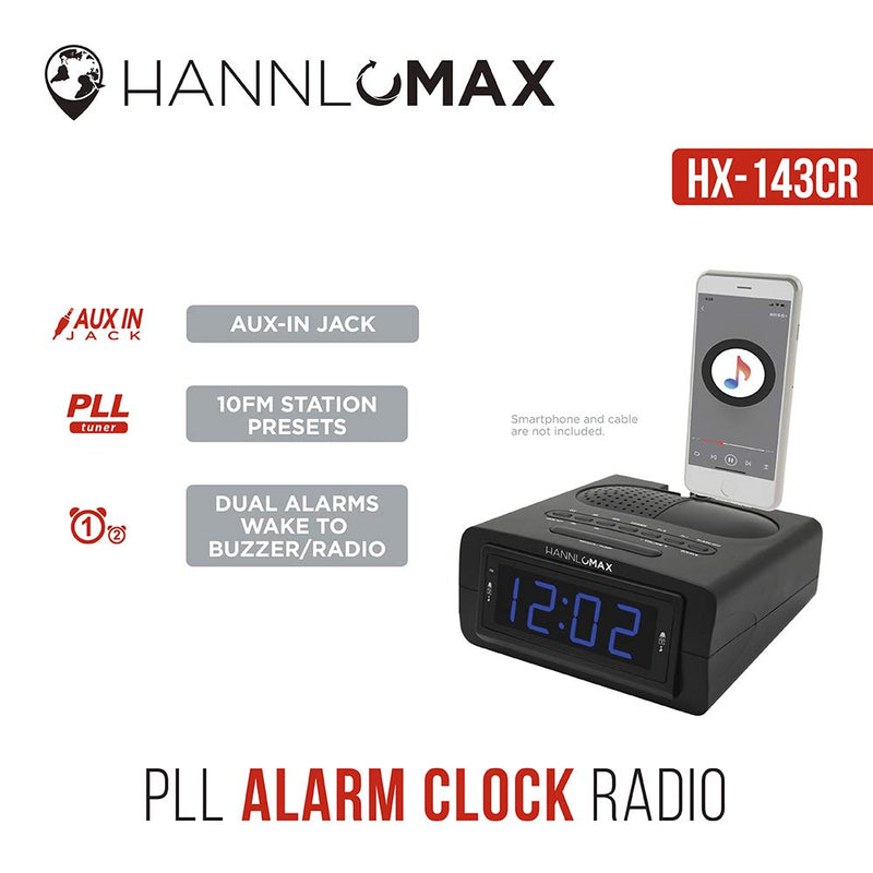 HANNLOMAX HX-143CR Alarm Clock Radio, PLL AM/FM Radio, 0.9" Blue LED Display, Aux-in - LeoForward Australia