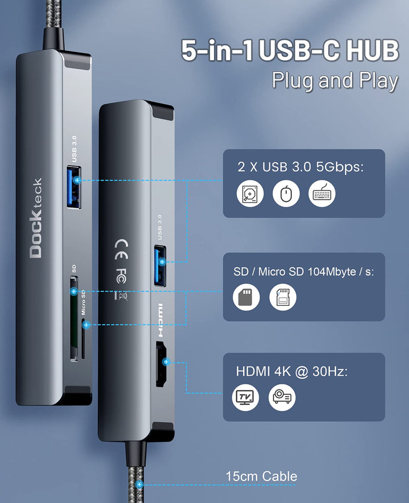  [AUSTRALIA] - USB C Hub HDMI Adapter Dockteck 5-in-1 Multiport Hub Adapter USB-C to HDMI, 2 Ports USB 3.0, SD and Micro SD Card Reader for MacBook Pro/MacBook Air/Surface Go/XPS 5 in 1-1