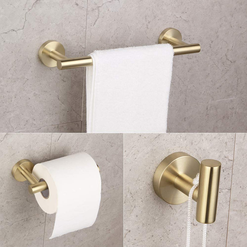 Bathroom Brushed Gold 3-Piece Accessories Set SUS304 Stainless Steel Bath Shower (Robe Hook, Toilet Paper Holder, 12" Hand Towel Bar) Contemporary Style Brushed Pvd Zirconium Gold - LeoForward Australia