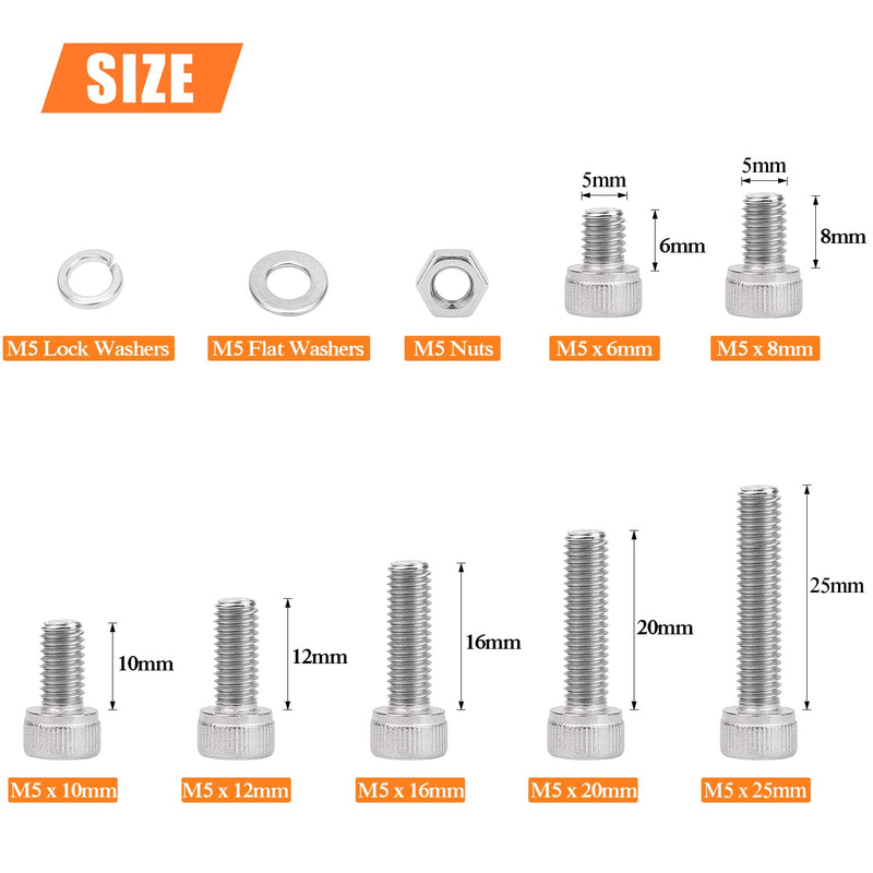  [AUSTRALIA] - HELIFOUNER 240 Pieces M5 x 6mm /8mm /10mm /12mm /16mm /20mm /25mm, Hex Socket Head Cap Screws Bolts Washers Nuts Kit, 304 Stainless Steel