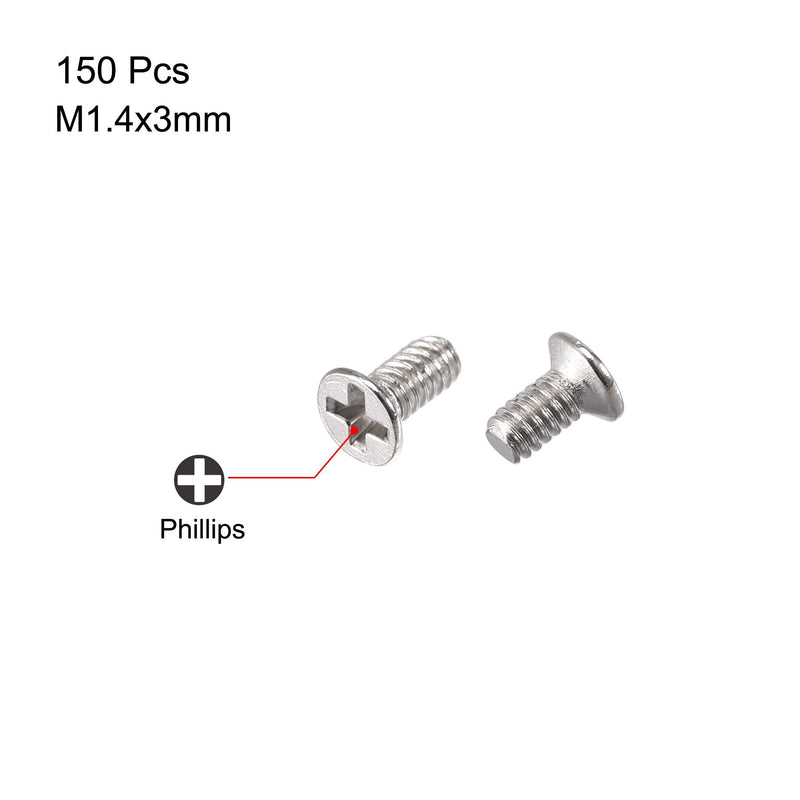  [AUSTRALIA] - uxcell M1.4 x 3mm Phillips Screw Fastener Silver Tone for Laptop PC TV Fan Switch 150pcs