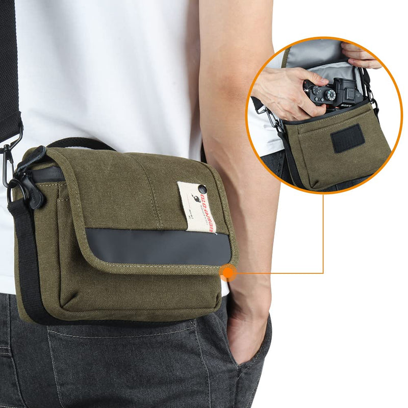  [AUSTRALIA] - Besnfoto Mirrorless Camera Bag Small Compact Camera Shoulder Messenger Bag Cute Waterproof Canvas DSLR SLR Bag Case for Women and Men Army Green