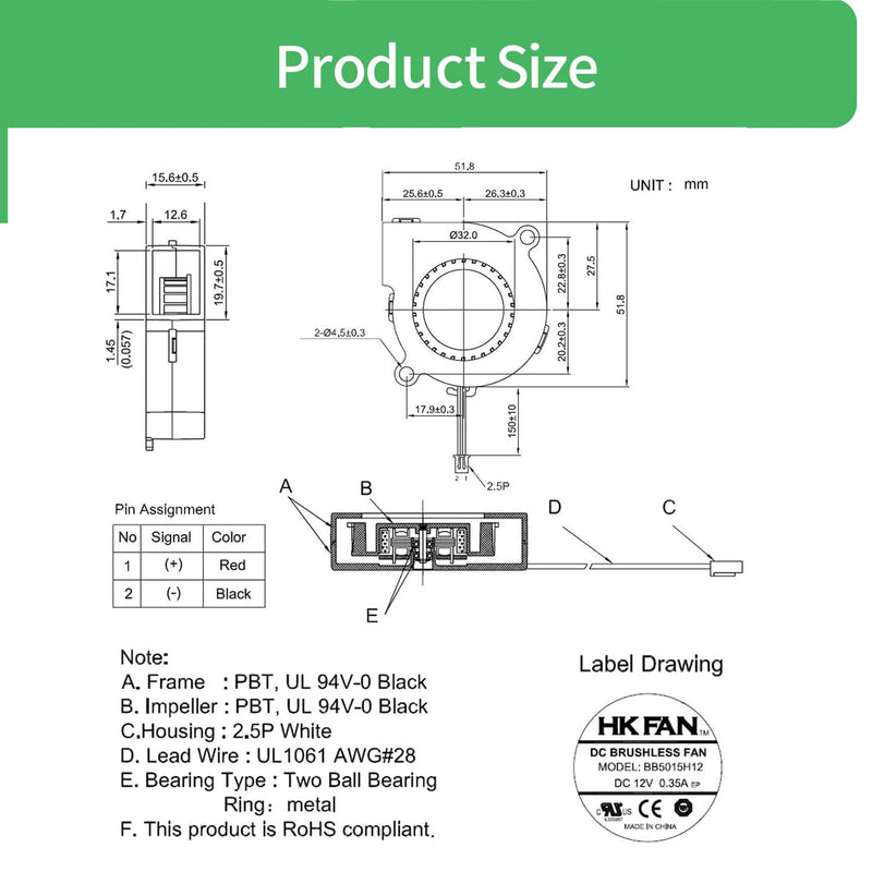  [AUSTRALIA] - Security-01 50mm x 15mm 5015 Blower Fan, DC 12V Ball Bearing Brushless Fan, 2-Pin