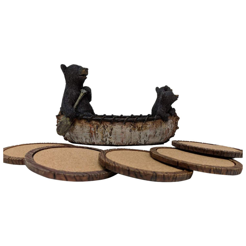  [AUSTRALIA] - Black Bear Canoe Coaster Set with Holder - Pine Ridge 3 Rustic Black Bear Cabin Decor Absorbent Coaster Drink - Set of 5 Drink Coaster Set Three Black Bears Canoeing