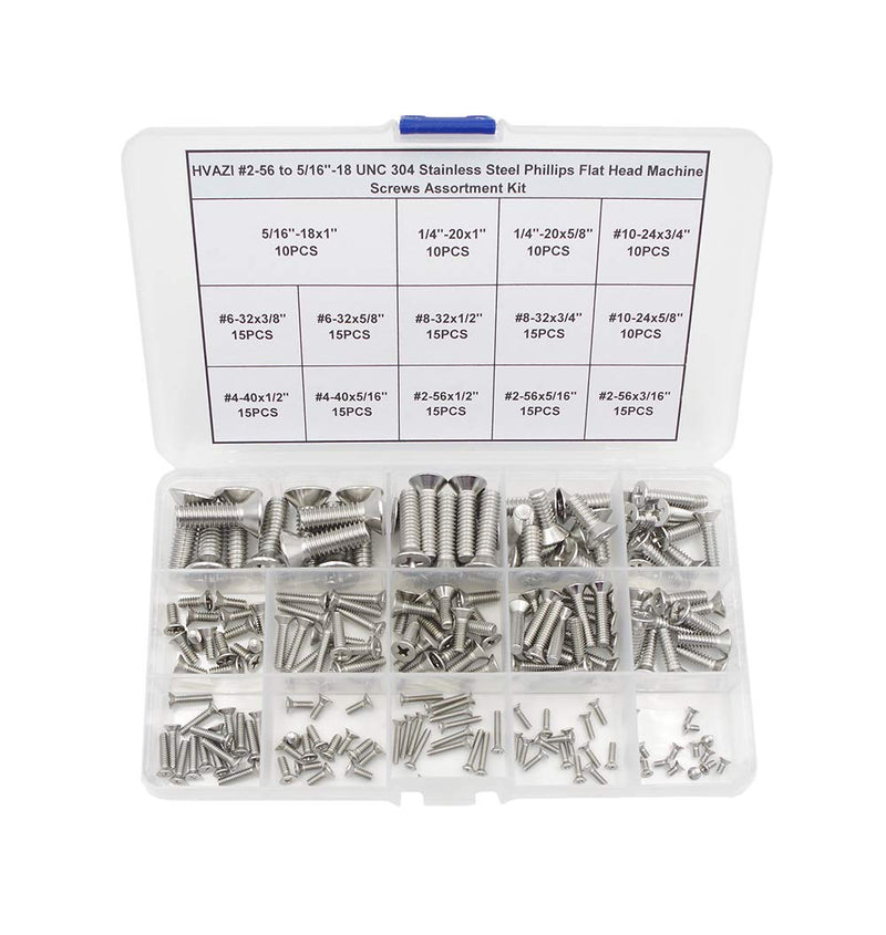  [AUSTRALIA] - HVAZI #2-56 to 5/16"-18 UNC 304 Stainless Steel Phillips Flat Head Machine Screws Assortment Kit