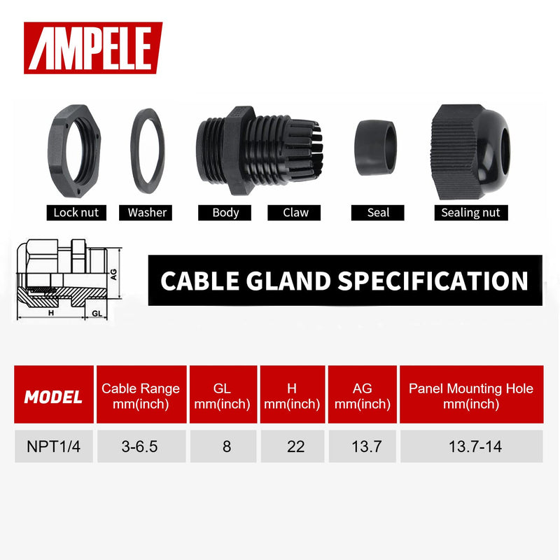  [AUSTRALIA] - AMPELE 50 Pack 1/4'' NPT Cable Gland Waterproof Adjustable 3-6.5mm/0.12-0.26inch Nylon Cable Glands Joints with Gaskets (1/4", 50 Pack) 1/4'' (50-Pack)