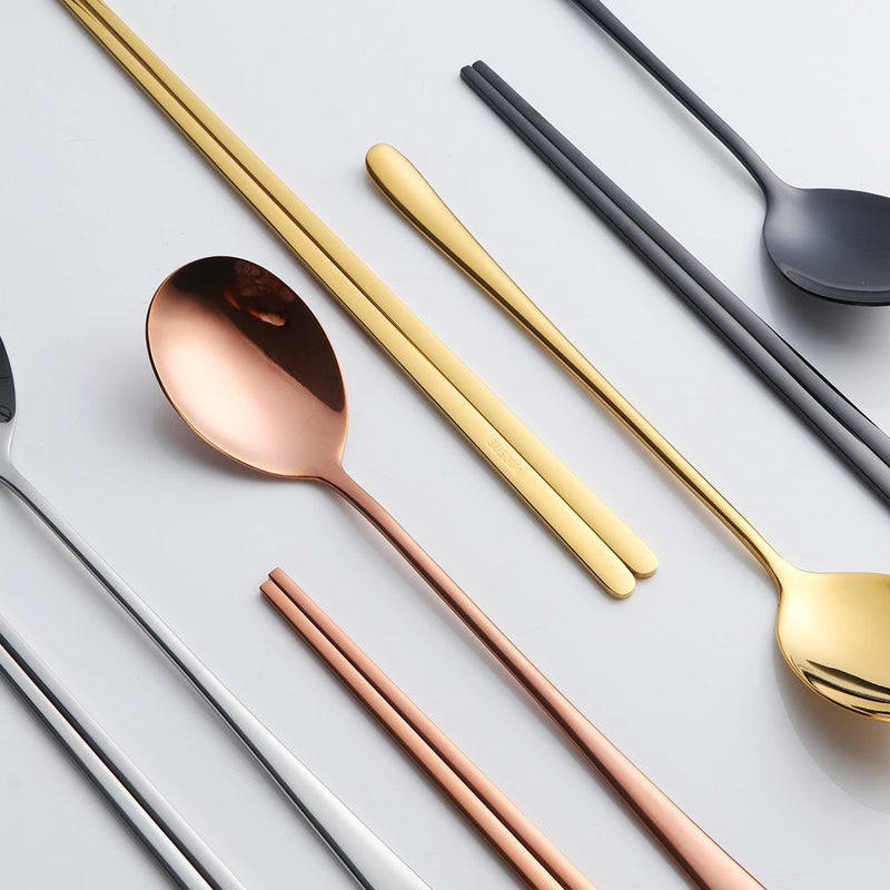  [AUSTRALIA] - Buyer Star 4 Set Chopsticks Spoon Set, 4 Color Reusable Metal Stainless Steel Korean Chopstix Spoon Set Christmas Gift 4 color A-flat chopstick and spoon