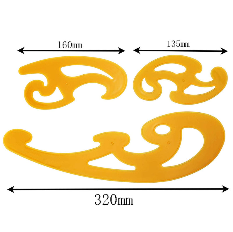  [AUSTRALIA] - E-outstanding French Curve 3PCS Yellow Transparent French Curve Rulers DIY Leather Craft Template Drawing Stencil Cutting Tool