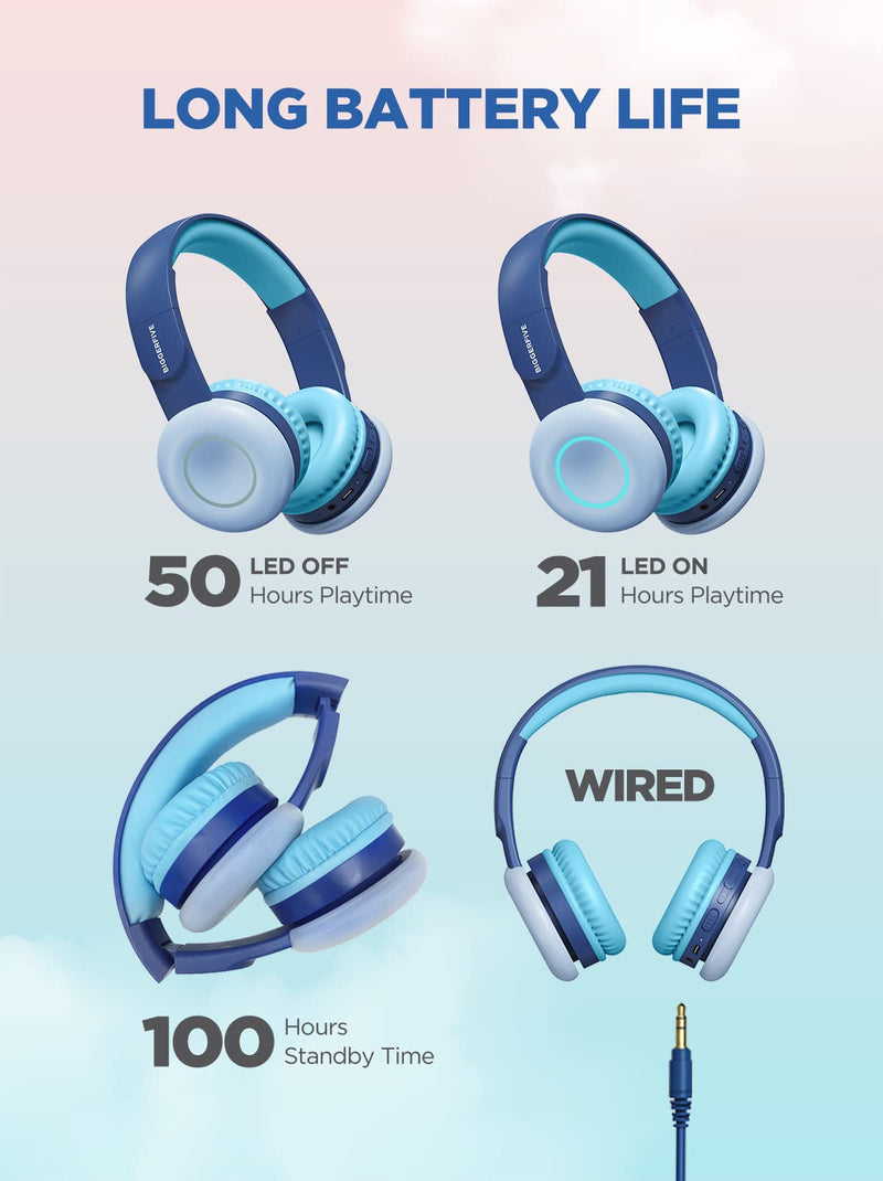 [AUSTRALIA] - 2021 Kids Wireless Headphones with 7 Colorful LED Lights, BIGGERFIVE Soft Stretchable Foldable Wired On Ear Headset, 50H Playtime, Mic, 85dB/94dB Volume Limited for School PC/Tablet/TV Boys Girls Blue