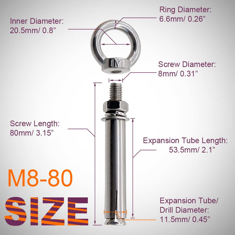 [AUSTRALIA] - M8* 80mm Expansion Screw with Eye Ring Anchor Internal Eye Bolt Fastener 304 Stainless Steel 5 Pack (Ring Lifting Expansion Eyebolt M8* 80mm) Ring Lifting Expansion Eyebolt M8* 80mm