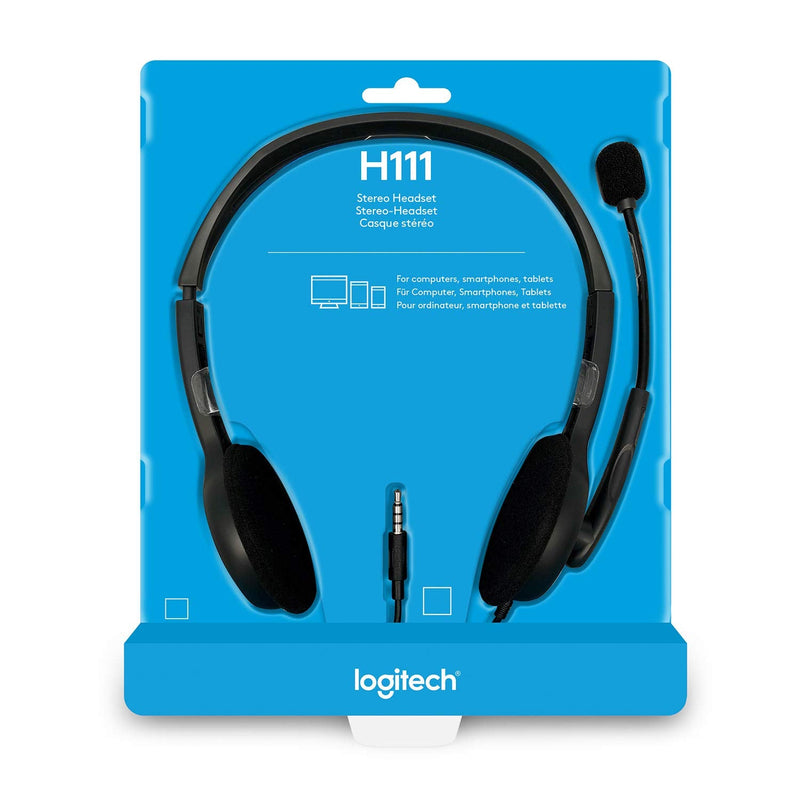  [AUSTRALIA] - Logitech H111 Wired Headset, Stereo Headphones with Noise-Cancelling Microphone, 3.5 mm Audio Jack, PC/Mac/Laptop/Smartphone/Tablet - Black Foam Cushion