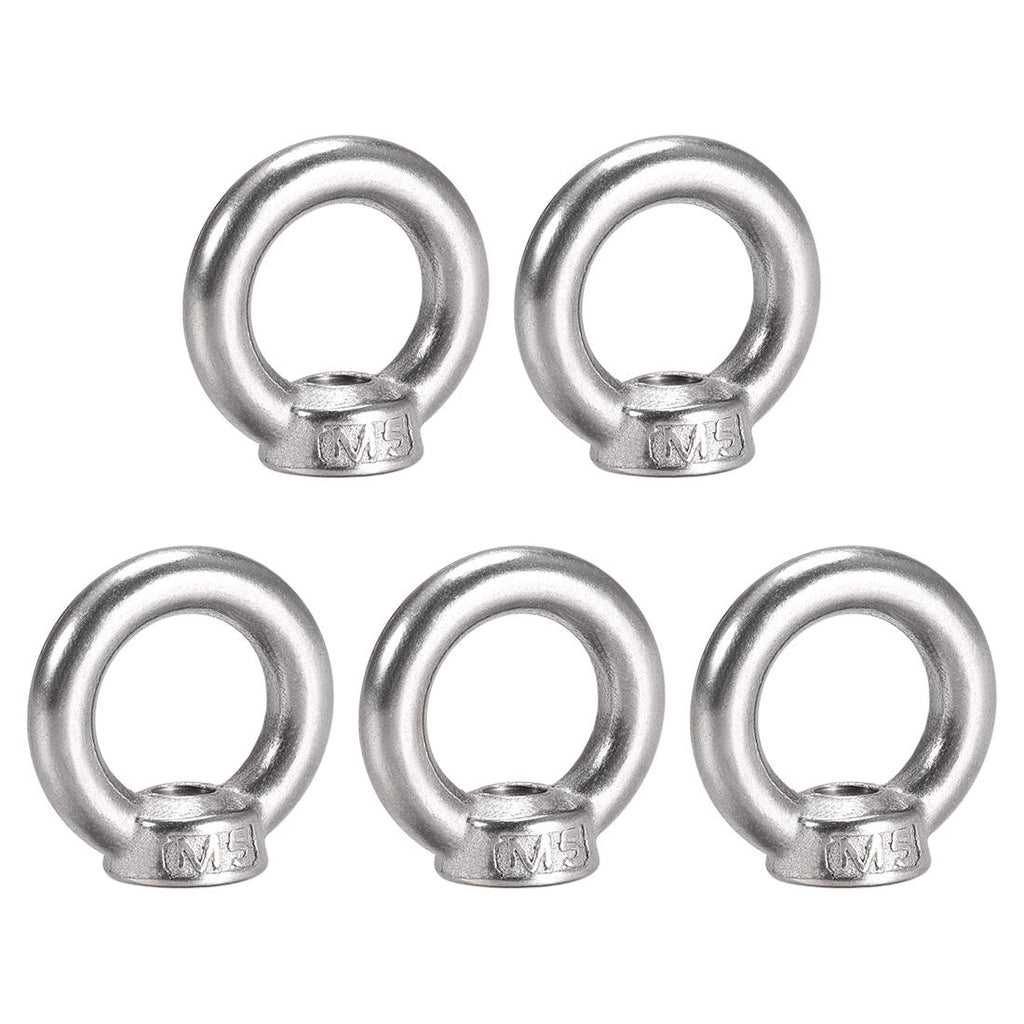  [AUSTRALIA] - uxcell Lifting Eye Nut M5 Female Thread 304 Stainless Steel Round Shape for Rope Fitting Pack of 5