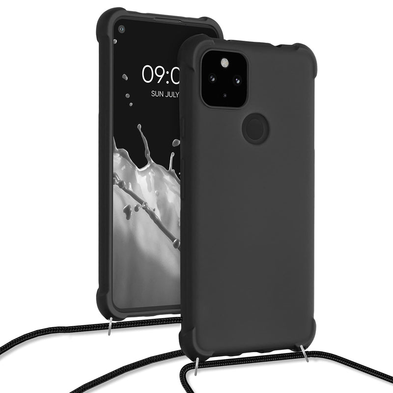  [AUSTRALIA] - kwmobile Case Compatible with Google Pixel 5a 5G - Crossbody Case Soft Matte TPU Phone Holder with Neck Strap - Black