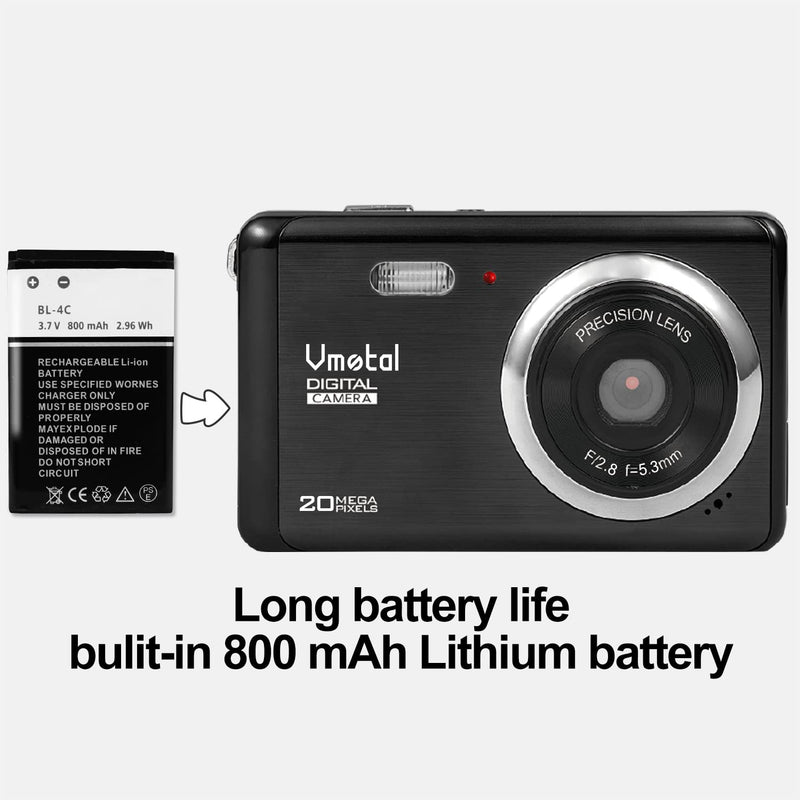  [AUSTRALIA] - 2.8 inch LCD Rechargeable FHD Mini Digital Camera, Vmotal 1080P Video Camera Students Cameras 20MP Compact Camera Travel,Holiday,Birthday Present for Kids/Beginners/Teens/Seniors (Black) Black