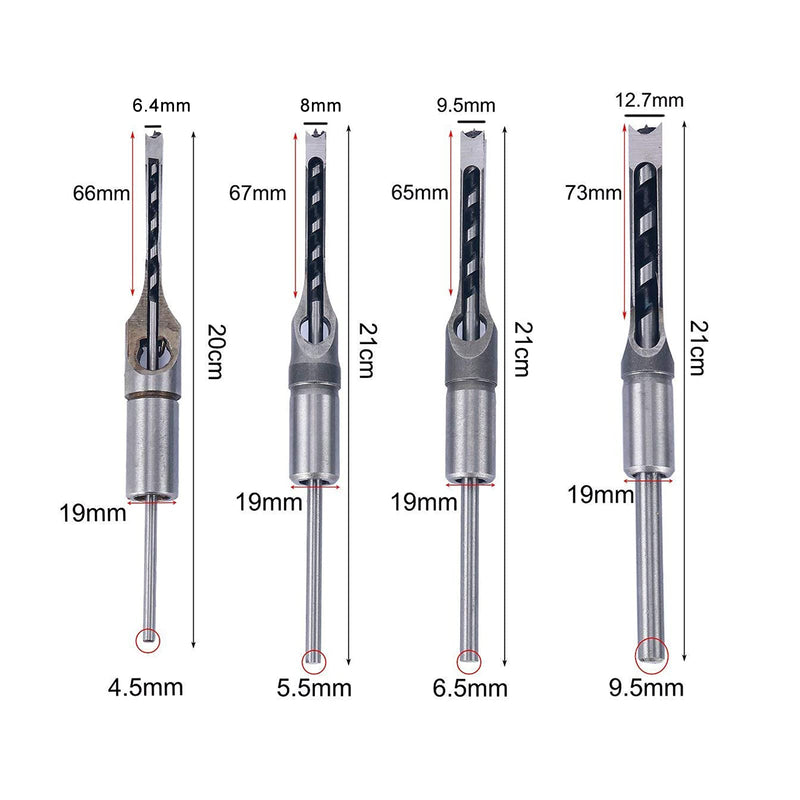  [AUSTRALIA] - 8MILELAKE 4pcs Square Hole Drill Bits, Woodworking Spiral Mortising Chisel Drill Bit Durable Hole Saw Kits 1/4 inch, 5/16 inch, 3/8 inch, 1/2 inch