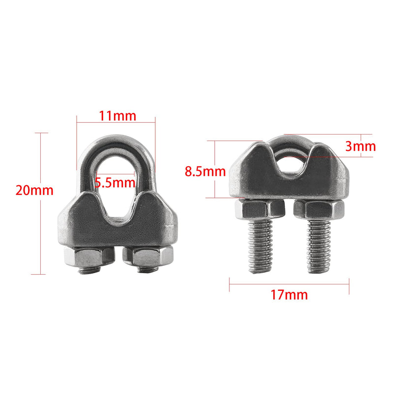  [AUSTRALIA] - HSTECH 20PCS 1/8 Inch M3 304 Stainless Steel Wire Rope Cable Clip Clamp, Used for Anything That Involves Cable Clips: Rigging, Temporary Guardrail Systems, Securing Loads, Hanging Banners Or Flags M3-1/8''