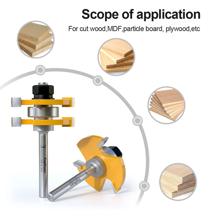 [AUSTRALIA] - FivePears 2 Pieces of Tongue and Groove Router Bits Set with 1/4" Shank,3 Teeth T Shape Wood Milling Cutter Woodworking Tool 1/4-Inch Shank