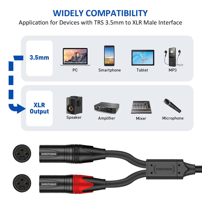  [AUSTRALIA] - DREMAKE TRS 3.5mm 1/8'' Male to Dual XLR 3-Pin Male Audio Breakout Cable, 6FT 3.5mm 1/8 Inch to Dual XLR Male Adapter Interconnect Y Splitter Cable, Jack 3.5mm TRS Stereo to Double XLR Male Patch Cord 6FT/2.0M