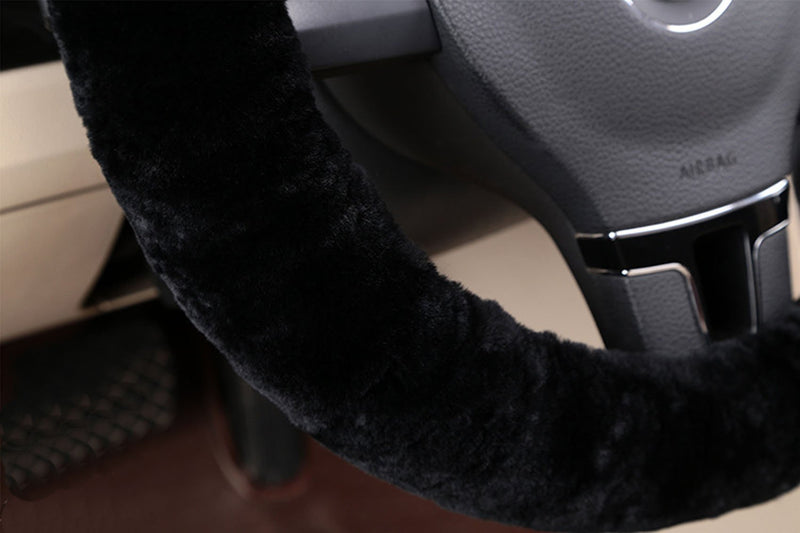  [AUSTRALIA] - U&M Car Steering Wheel Cover Soft Natural Australian Sheepskin Fluffy Wool Non-slip Wheel Protector Universal for 15 inch Black