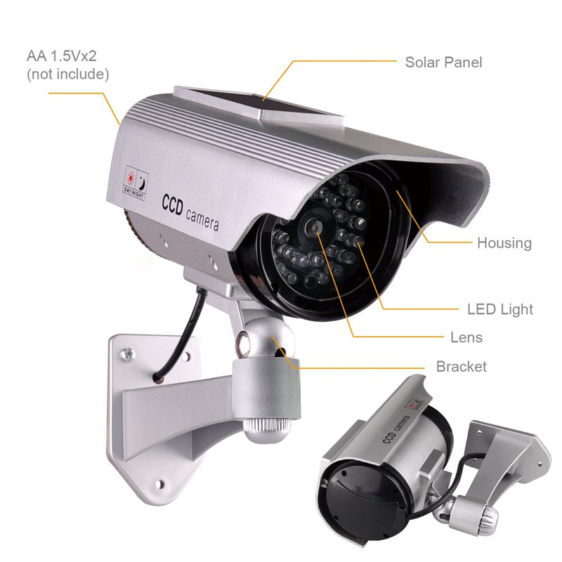  [AUSTRALIA] - Dummy Fake Security Camera,ISEEUSEE Solar Powered Fake Surveillance Camera with Flash LED Dummy Bullet Simulated CCTV Camera,Indoor Outdoor Use Good for Home/Office/Shop/ Garage - Silver Color