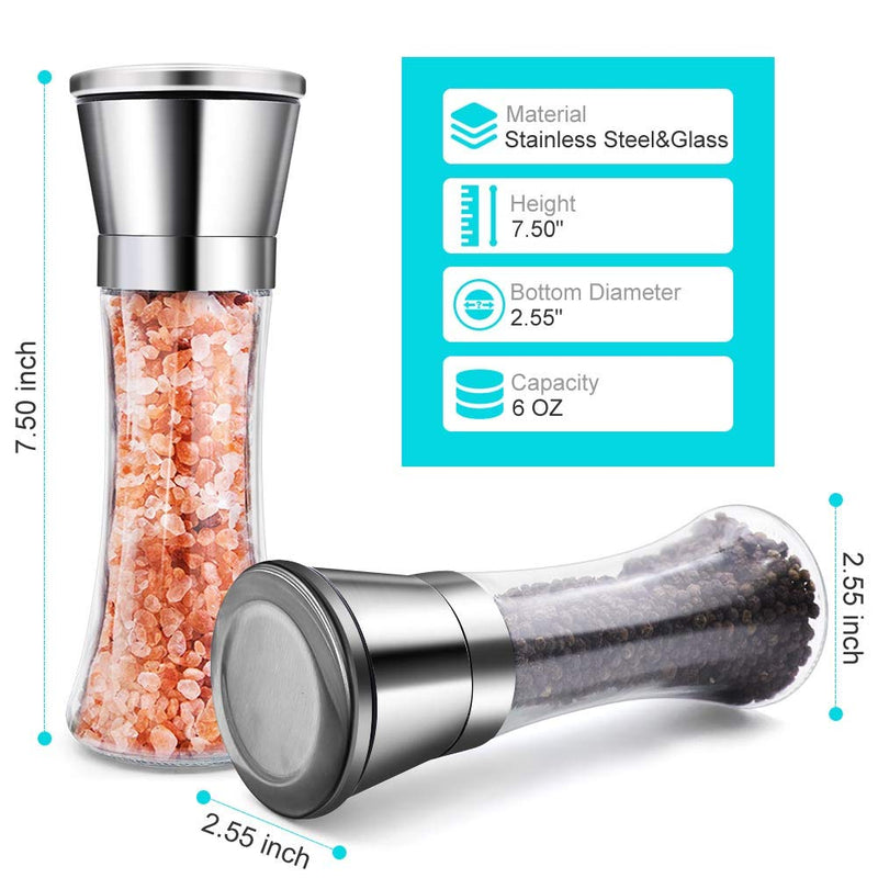  [AUSTRALIA] - Salt and Pepper Grinder (Set of 2), Adjustable Ceramic & Stainless Steel Mill Set, Glass Body Refillable Mill Shakers - Easy Clean Grinders with Silicon Funnel and Cleaning Brush