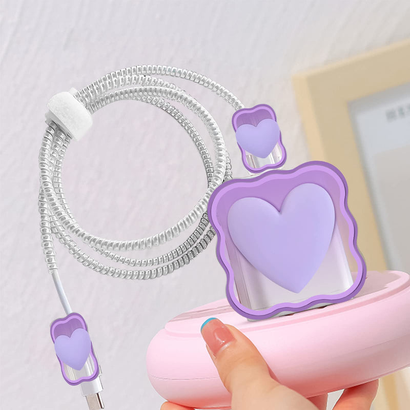  [AUSTRALIA] - Phone Charger Storage Case Set with Purple 3D Love Heart Carrying Cover Bag Kawaii Cute DIY Cable Protector Charger Accessories USB line Travel Cable Organizer,Compatible for iPhone Purple Heart