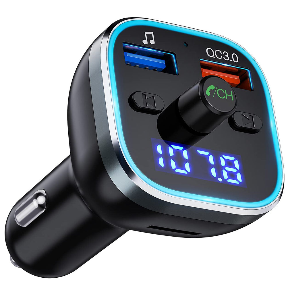  [AUSTRALIA] - Octeso Bluetooth Car Adapter, Bluetooth FM Transmitter for Car with QC3.0 Quick Charge & 6 RGB Colorful Light, Support Hands-Free Calling, USB Drive, TF Card