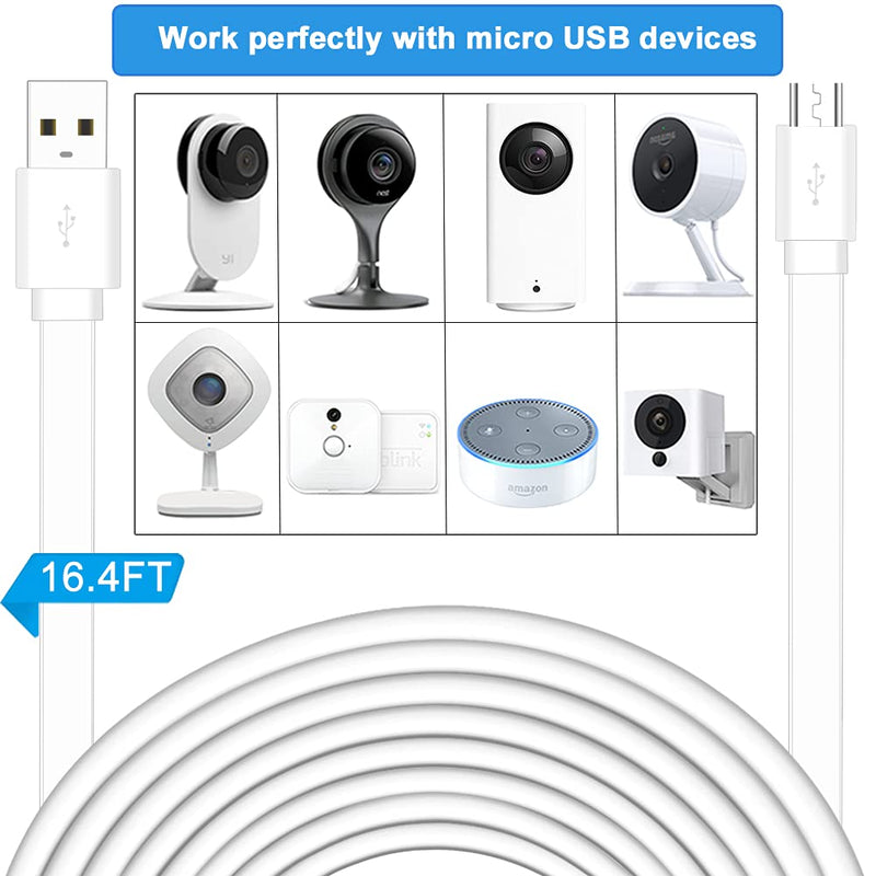  [AUSTRALIA] - SIOCEN 3 Pack 16.4FT USB Power Extension Cable for Yi Camera,Wyze Cam,Oculus Go,Echo Dot Kid Edition,Nest Cam,Netvue,Blink,Furbo Dog,Kasa Cam,YI Dome Home Security Camera Flat Micro USB Charging Cord