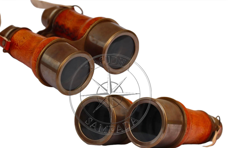  [AUSTRALIA] - VASUDHA SAMPADA HANDICRAFTS 6in Antique Victorian Marine Brass Leather Binocular Sailor Instrument for Adults & Kids with Neck Strap Handheld Marine Binoculars for Bird Watching, Hunting, Viewing