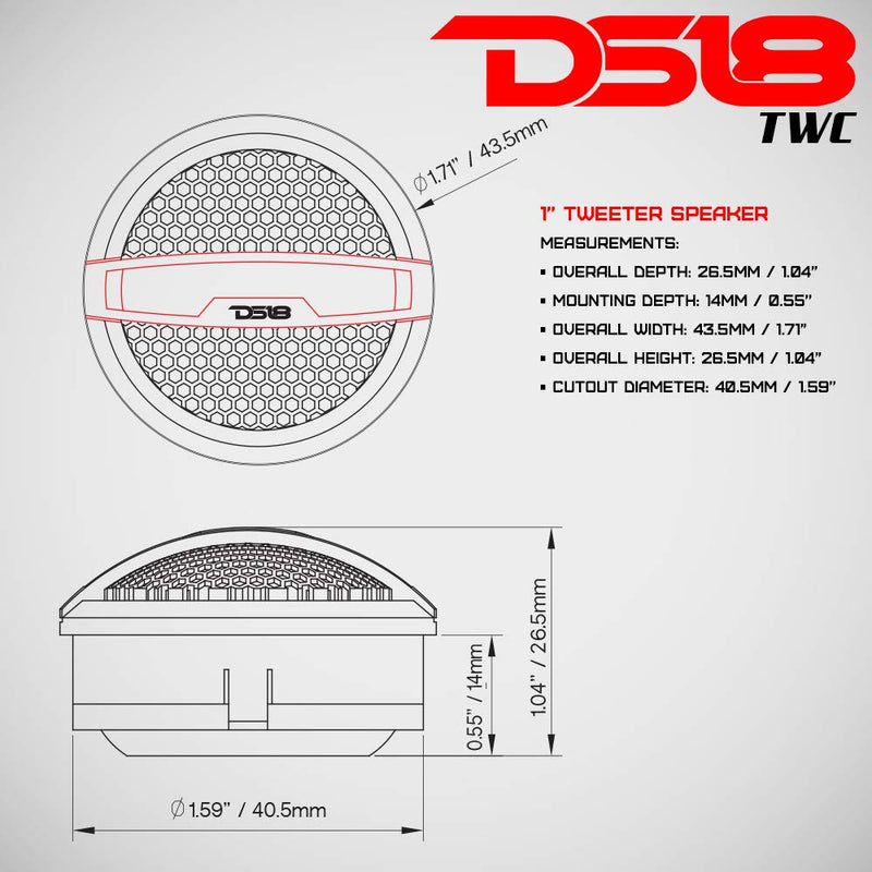 DS18 TWC 1 Inch Silk Dome Tweeter 60 Watts Max Neodymium Tweeters - Set of 2 (Black/Red) - LeoForward Australia