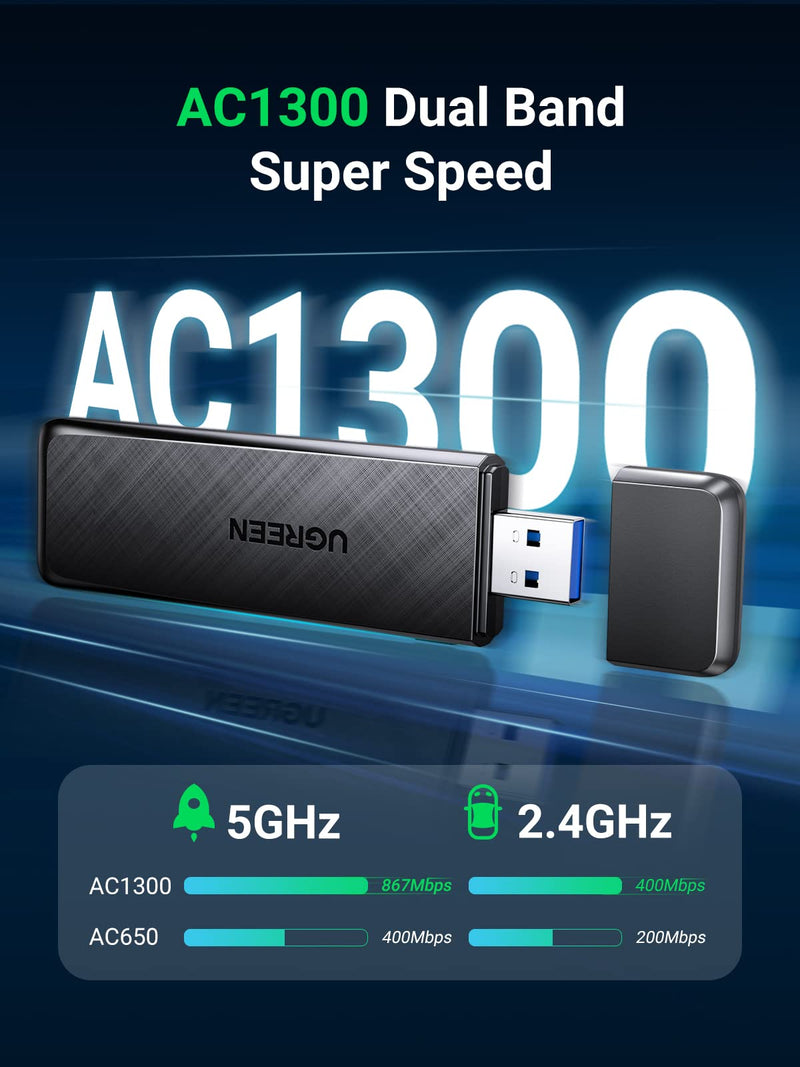  [AUSTRALIA] - UGREEN AC1300 USB WiFi Adapter 5G 2.4G Dual Band USB 3.0 WiFi Dongle for Desktop PC Mini Wireless Computer Network Adapter Compatible with Windows 11/10/8.1/8/7, MacOS 10.11 Above