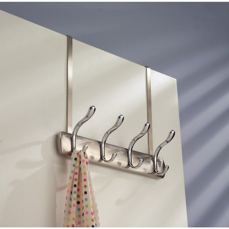 iDesign Bruschia Metal Over the Door Hanging 4-Hook Rack for Coats, Hats, Robes, Towels in Bathroom, Bedroom, Dorm, Entryway, 13" x 4.42" x 11.25", Brushed Nickel and Chrome - LeoForward Australia
