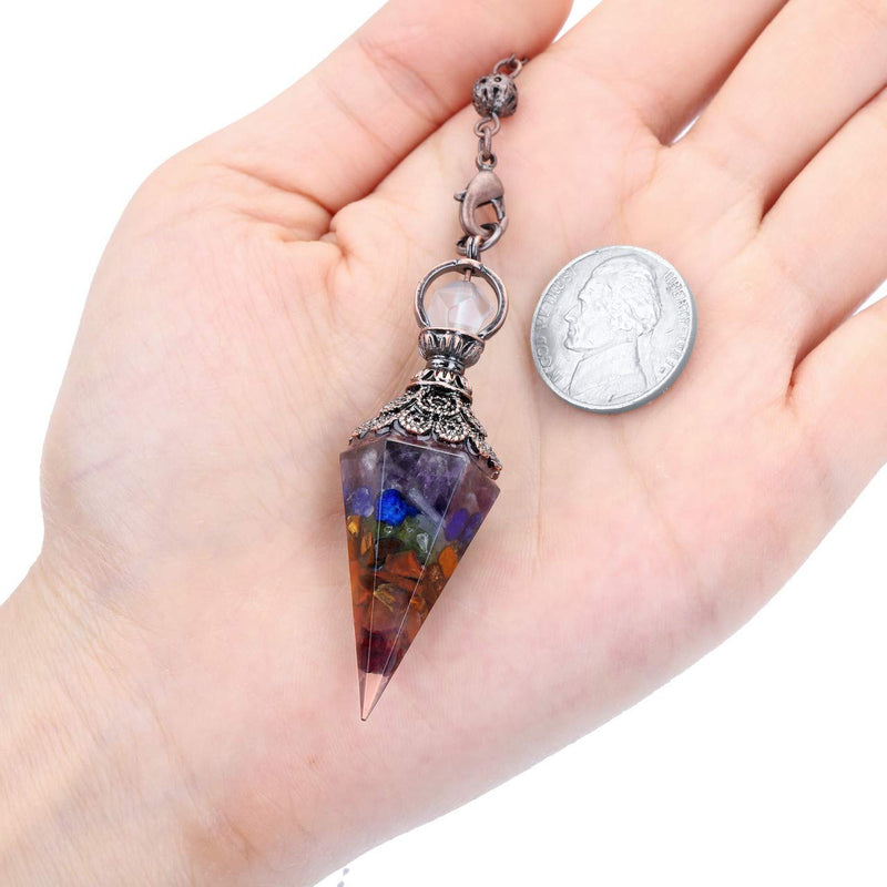  [AUSTRALIA] - Jovivi 7 Chakra Healing Crystal Pendulums for Dowsing Divination 6 Facted Hexagonal Pointed Cone Resin Chip Stones Reiki Wicca Spritual Gemstone Chakra Energy Pendant with Chain